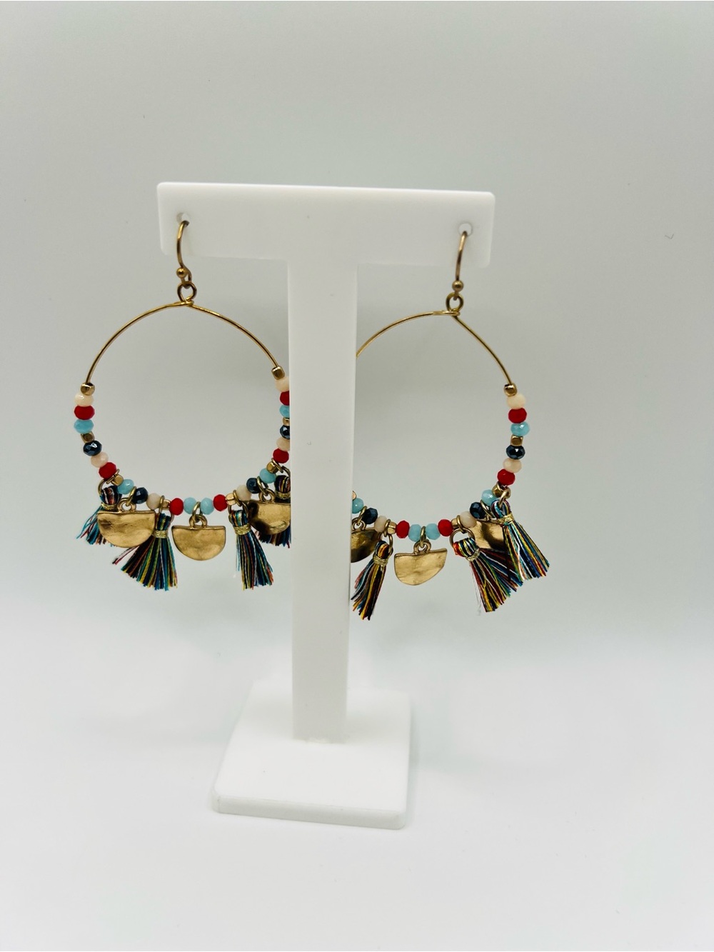 Boho Multicolor Beaded Hoop Earrings with Gold Charms